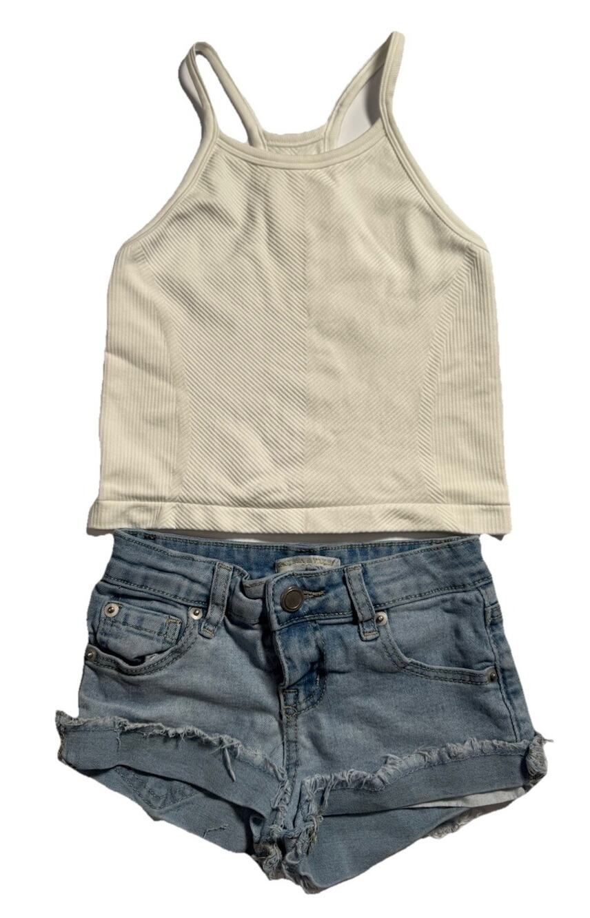 Girls Summer Outfit Size 7 White Ribbed Tank Top Denim Shorts 2Pc Set
